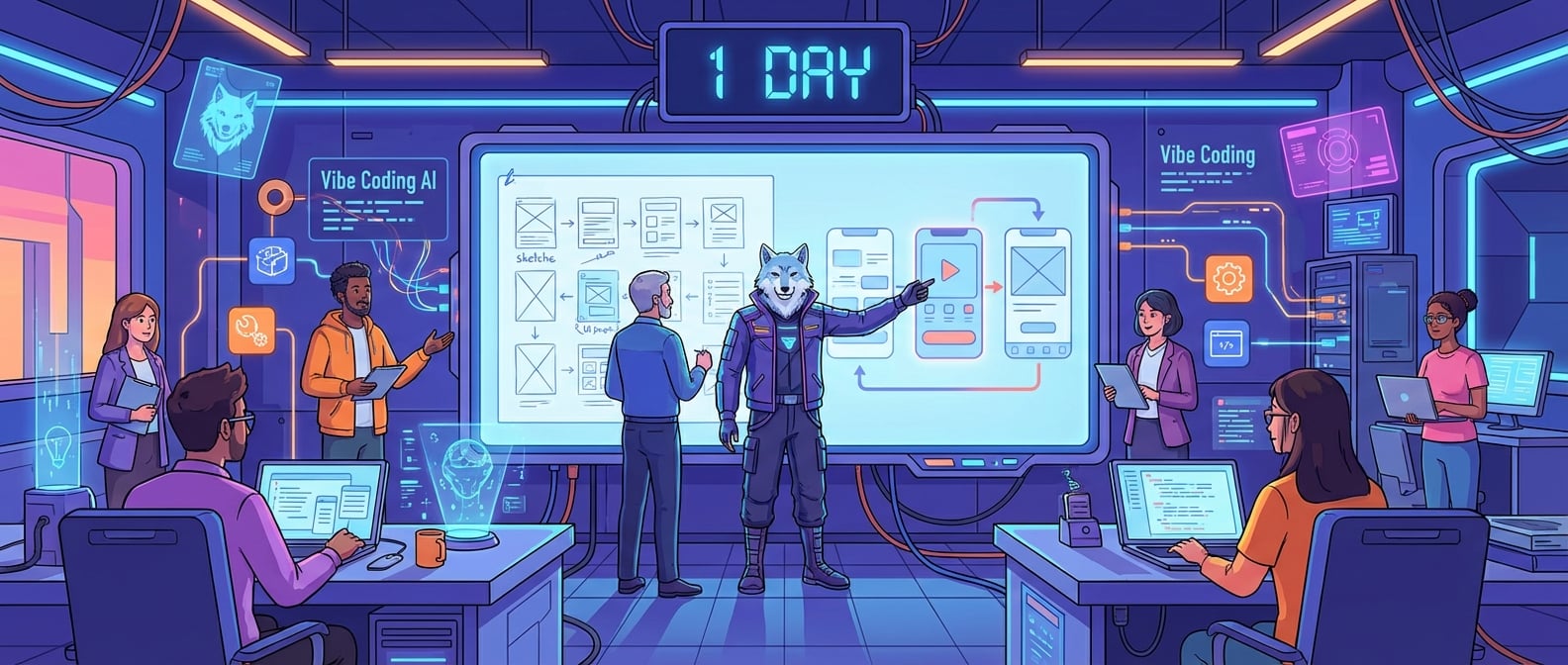 文生图:扁平化矢量插画,一个身着未来感服装的“雪狼”设计导师形象,站在一个充满活力的设计冲刺工作坊中央。他面前是一个巨大的、发光的交互式白板,上面动态地展示着从手绘草图到精美可交互UI原型的快速演变过程。周围的团队成员(产品经理、设计师、工程师)围坐着,通过Vibe Coding AI(以数据流和智能辅助图标表示)高效协作。一个巨大的数字时钟显示着“1 DAY”,强调时间效率。整个画面充满科技感、协作感和创新氛围。