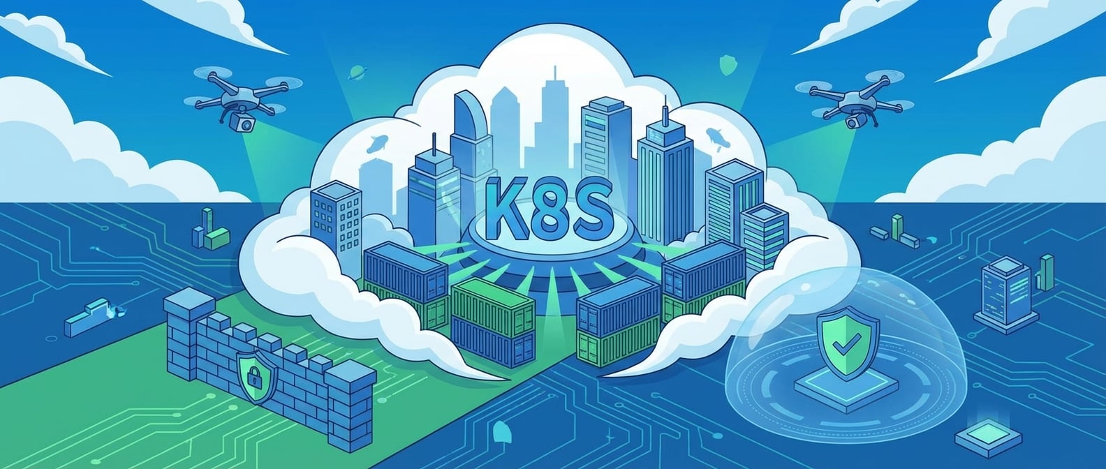 文生图:扁平插画风格,画面中心是一个由云朵(象征云原生环境)和集装箱(象征容器)组成的城市。城市上空盘旋着无人机(象征安全监控),地面有坚固的防火墙(象征网络安全策略)和防护罩(象征身份认证与授权)。城市的中央有一个巨大的“K8S”标志的指挥中心,发出安全指令。整个画面充满科技感,突出云原生环境的动态性、分布性以及安全防护的立体化。色彩以蓝色和绿色为主,营造安全、稳定的氛围。
