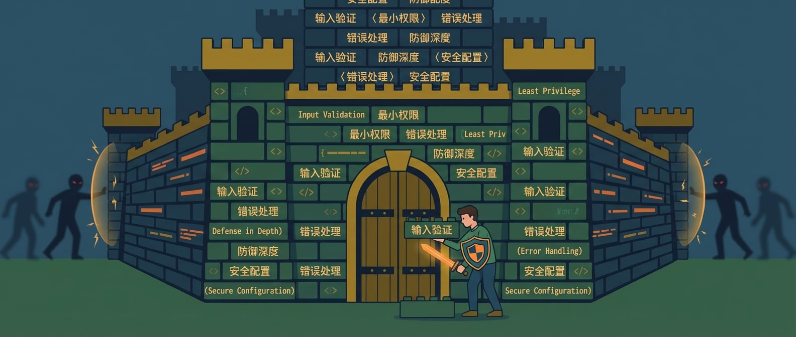 文生图:扁平插画风格,画面中心是一座坚固的堡垒(代表软件系统)。堡垒的城墙是由无数整齐、结构良好的代码砖块堆砌而成,这些代码砖块上刻画着“输入验证”、“最小权限”、“错误处理”等安全编码规范的关键词。在堡垒的入口处,一个程序员形象(手持盾牌和剑,象征防御)正在仔细检查每一块砖,确保其质量。远处有模糊的黑影(象征攻击者)试图靠近,但被城墙有效阻挡。色彩庄重,突出安全与防御。