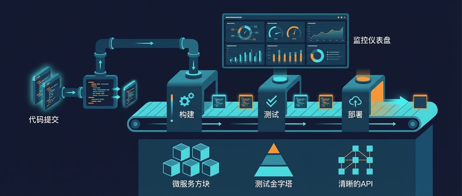 文生图:一个抽象的工厂流水线。左侧是“代码提交”的环节,代码通过管道进入流水线。流水线上有“构建”、“测试”、“部署”等站台。流水线下方的地基是“微服务方块”、“测试金字塔”、“清晰的API”等架构图元。流水线上方有“监控仪表盘”。整个画面流畅、高效,没有阻塞。风格:概念艺术、信息图表、扁平化。