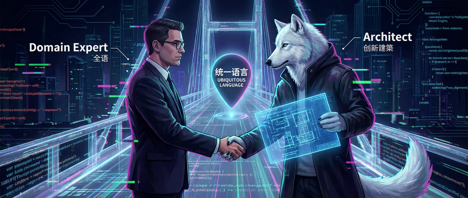 文生图:一个由半透明的数据流和代码线条构成的抽象桥梁,连接着左边的“领域专家”(西装革履的智者)和右边的“架构师”(手持代码图的雪狼)。两人正在桥上握手,桥中央有一个“统一语言”的标记。风格:概念艺术、协作、数字世界。