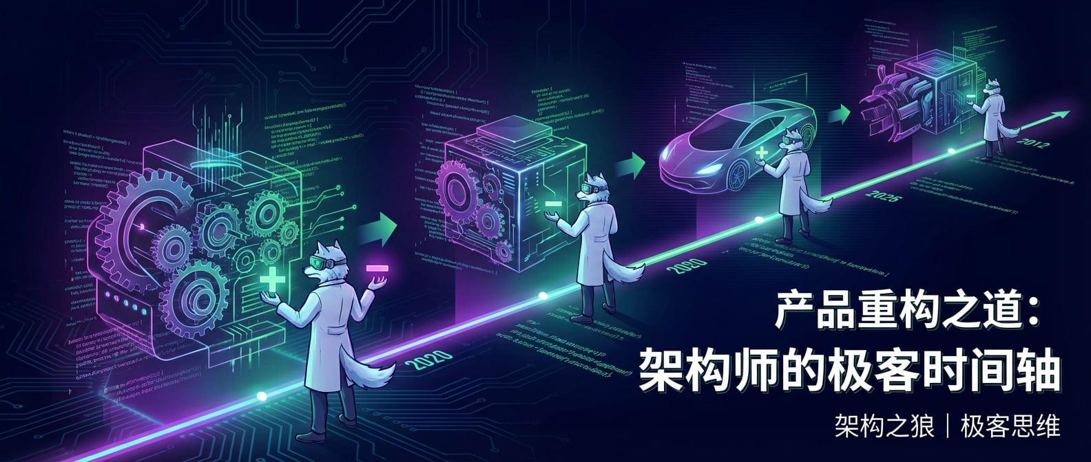 文生图:一个由齿轮和代码构成的“产品”模型,它在一个时间轴上前进。在不同的时间点,有一位架构师(雪狼形象)在模型前,一手拿着“加号”符号,一手拿着“减号”符号,在对产品模型进行重构。模型有时变得更精简,有时变得更强大。风格:概念图、时间线、抽象。