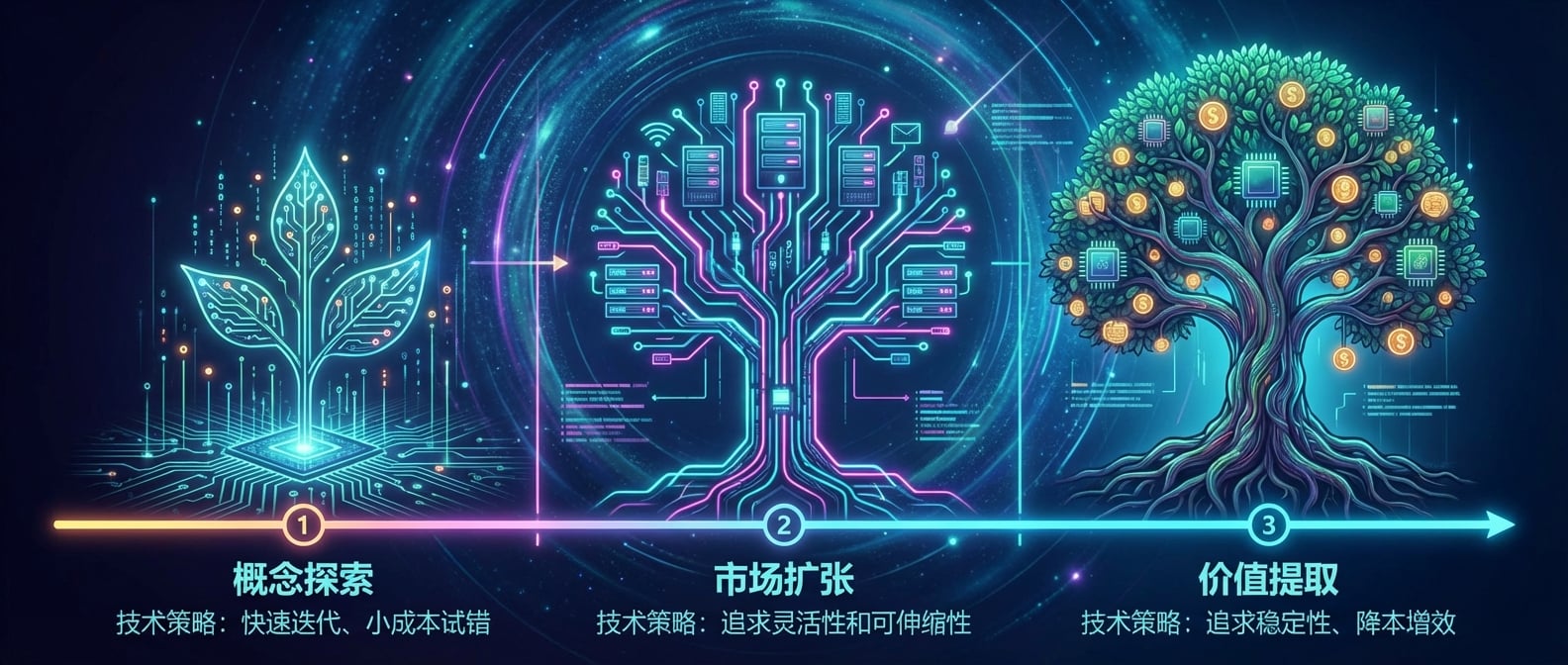 文生图:一个清晰的、三段式的产品生命周期示意图。第一阶段“概念探索”是一个幼苗,技术策略是快速迭代、小成本试错。第二阶段“市场扩张”是一个茁壮成长的大树,技术策略是追求灵活性和可伸缩性。第三阶段“价值提取”是一个枝繁叶茂、果实累累的老树,技术策略是追求稳定性、降本增效。画面是抽象的、象征性的,带有时间轴。风格:信息图表、生长、演变。