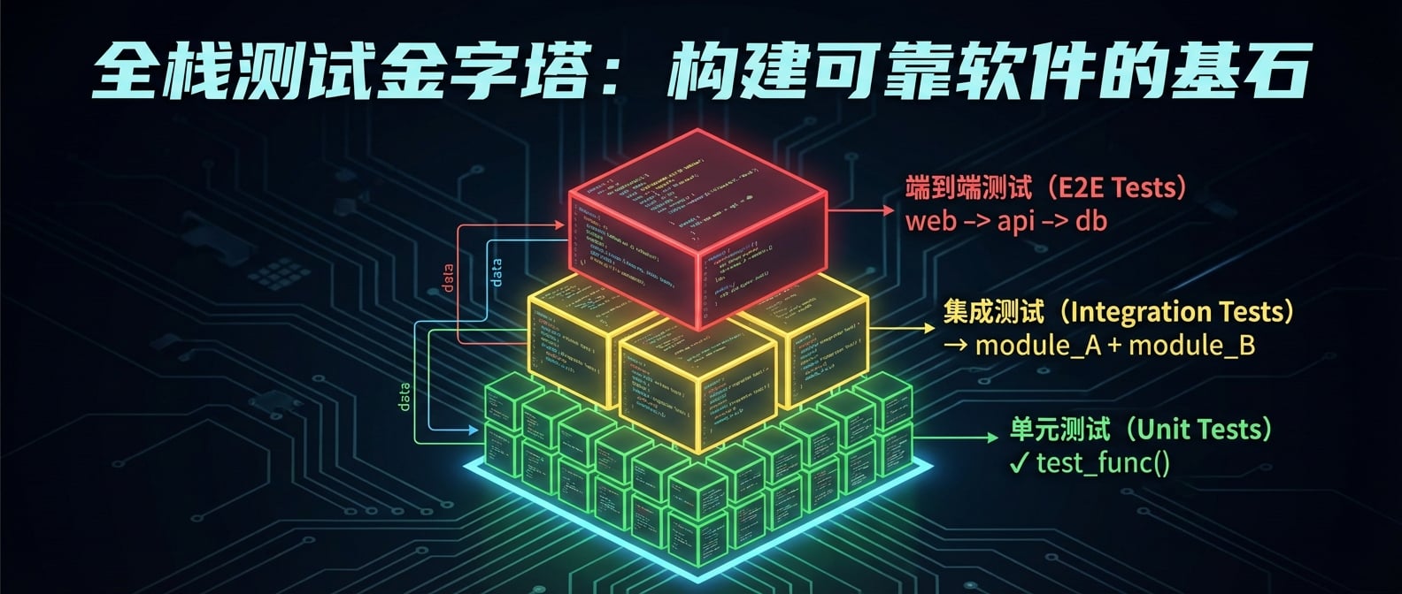 文生图:一个由代码块堆砌而成的金字塔。底部是许多绿色小方块(单元测试),中间是黄色方块(集成测试),顶部是红色大方块(端到端测试)。每个方块上都有相应的标签和代码符号。风格:信息图表、简洁。