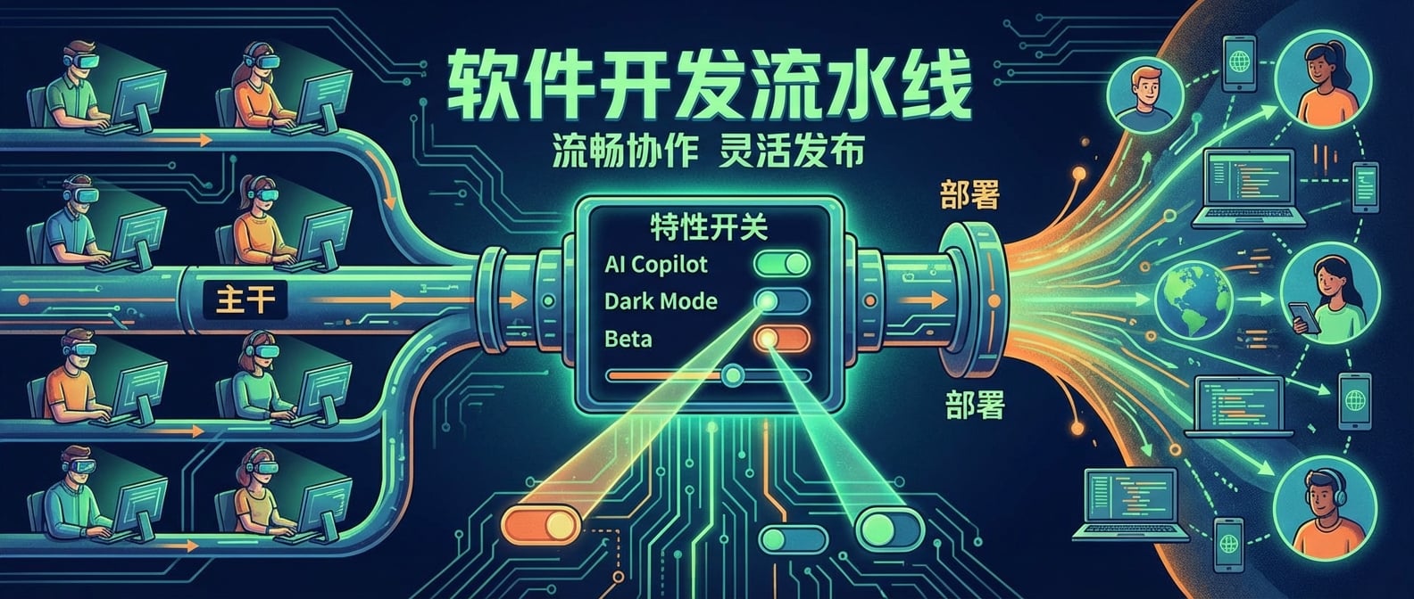 文生图:一个抽象的软件开发流水线。左侧是多个开发者并行在分支上工作,线条汇聚到“主干”。主干上有一个“特性开关”的控制面板,可以动态开启或关闭某些功能。右侧是“部署”到用户。整个画面强调流畅的协作和灵活的发布。风格:信息图表、流程、科技感。