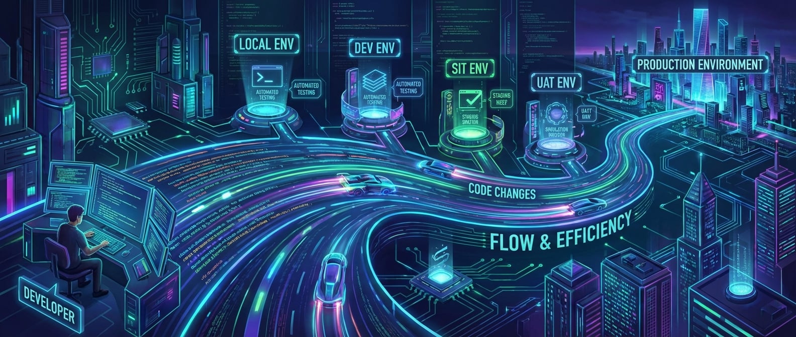 文生图:一个由数据流和代码线条构成的“基础设施”高速公路。高速公路的起点是“开发者”,终点是“生产环境”。路上有多个“驿站”(本地环境、Dev环境、SIT环境、UAT环境),每个驿站都有明确的职责标签。高速公路上有汽车(代码变更)快速、顺畅地通过。风格:概念艺术、流程、效率。