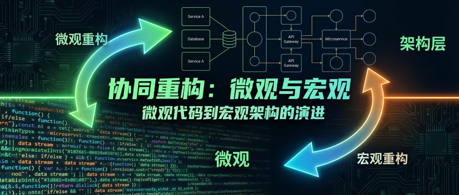 文生图:一个抽象的软件系统图。图中有两个层次:底层是密密麻麻的“代码行”,代表微观。上层是清晰的方框和线条,代表“架构层”,比代码层稀疏。两个层次之间有箭头相互连接,表示微观重构和宏观重构的协同作用。风格:概念艺术、信息图表。
