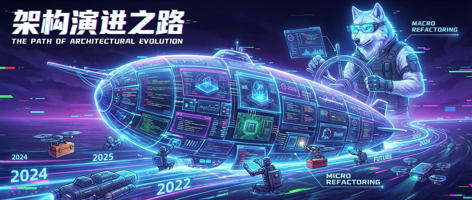 文生图:一个巨大的、由代码模块和数据流构成的“巨轮”(系统),正在平稳地航行在一条由时间线构成的河流上。河流的上方,有一位架构师(雪狼形象)在不断地调整航向(宏观重构),下方有许多小型的维修船只(微观重构)在同步进行维护。整个画面充满了持续演进和稳健。风格:概念艺术、动态、专业。