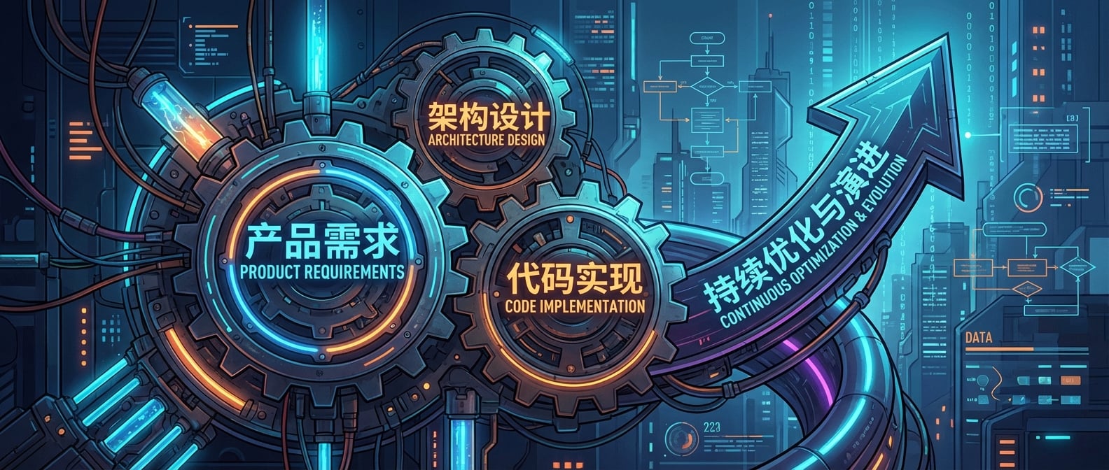 文生图:一个由三个相互连接的齿轮组成的抽象系统。一个齿轮代表“产品需求”,一个代表“架构设计”,一个代表“代码实现”。它们紧密啮合,共同驱动着一个向上旋转的箭头(代表持续优化和演进)。整个画面强调协同作用。风格:概念艺术、机械、信息图表。