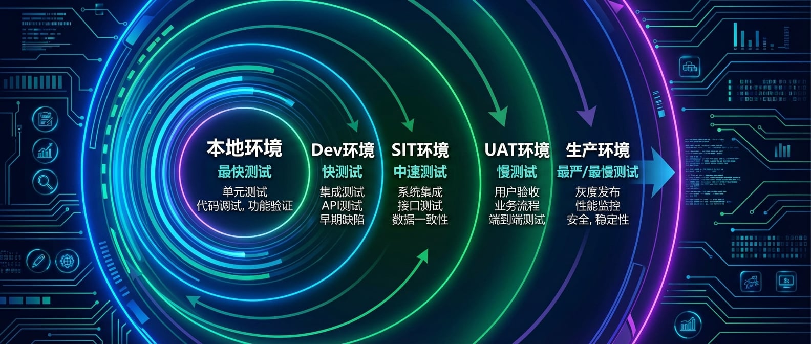 文生图:一个由多层环形区域组成的同心圆图。最内层是“本地环境”,测试最快。向外依次是“Dev环境”、“SIT环境”、“UAT环境”,最外层是“生产环境”,测试越来越慢、越严格。每个环形区域都标示了其主要的测试类型和关注点。风格:信息图表、简洁、专业。