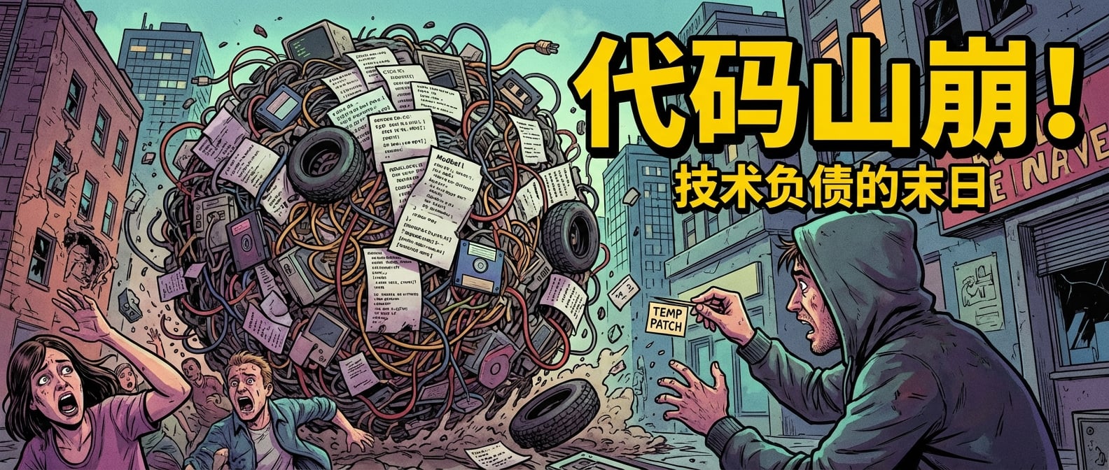 文生图:一个巨大的、由代码碎片、意大利面条般的连接线、旧轮胎等垃圾构成的“泥球”,正在缓慢但不可阻挡地滚动,吞噬着它前面的一切。一个绝望的程序员正在试图用一根细小的牙签(临时补丁)去阻挡它。风格:讽刺漫画、灾难片。