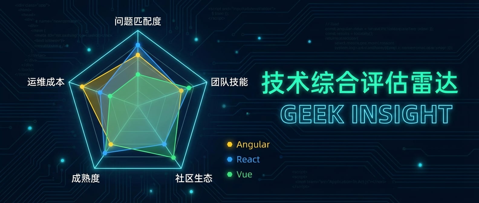 文生图:一个由五个维度(问题匹配度、团队技能、社区生态、成熟度、运维成本)构成的雷达图,不同的技术(如Angular, React, Vue)在图上呈现出不同的形状,直观地展示了它们的综合评估结果。风格:专业、清晰的信息图表。