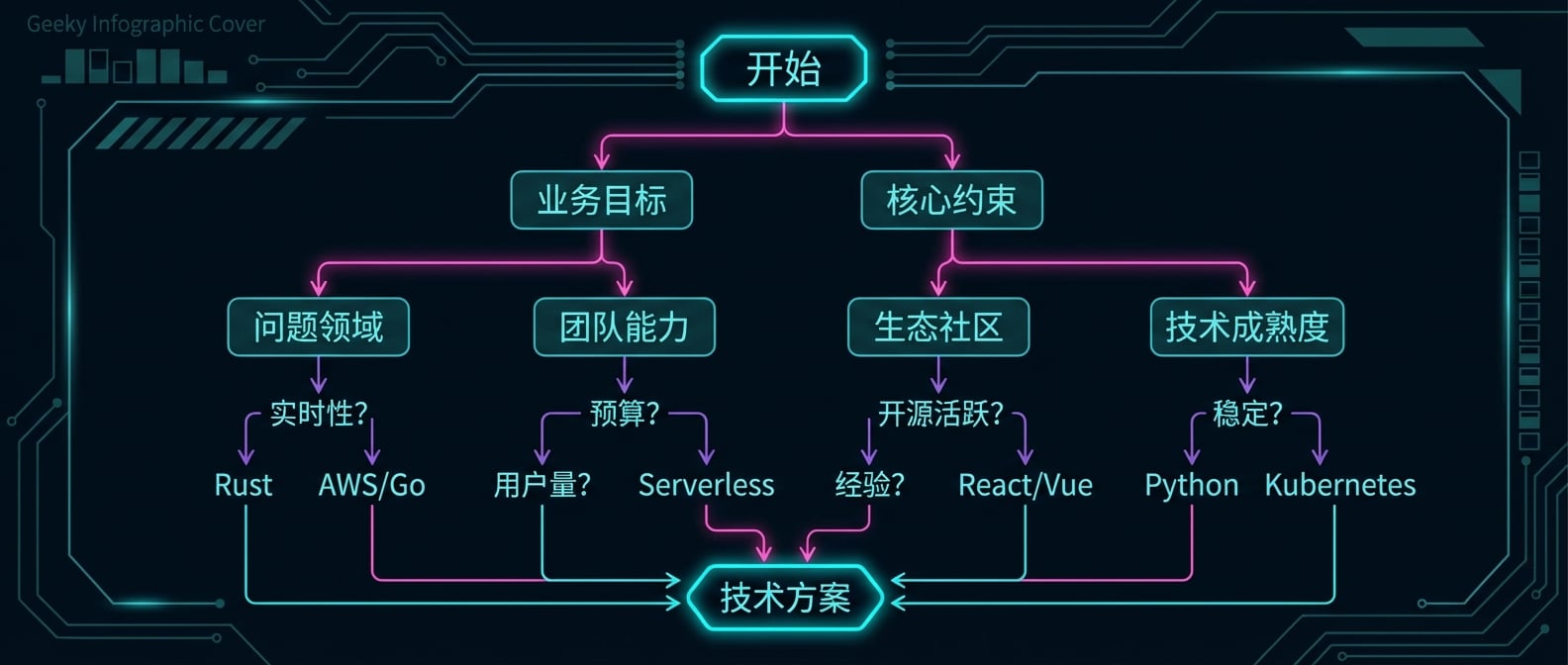 文生图:一个清晰的流程图,从一个标有“开始”的根节点出发。根节点向下分支到“业务目标”、“核心约束”。再向下分支到“问题领域”、“团队能力”、“生态社区”、“技术成熟度”。每个节点都有具体的提问,并引向不同的技术选项。最终汇聚到一个“技术方案”的决策点。风格:简洁、清晰的信息图表。