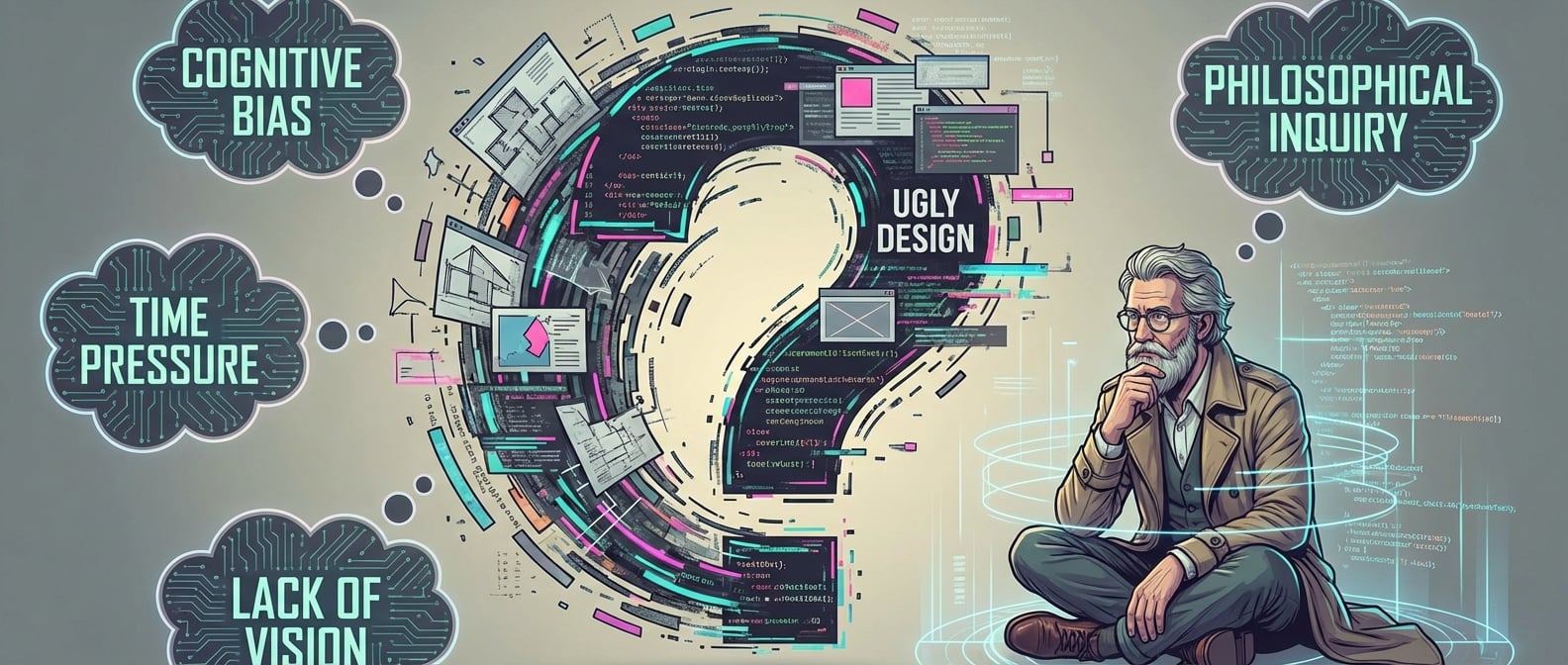 文生图:一个充满哲学思考的场景。画面中央是一个巨大的问号,问号内部是一个由代码片段和破碎架构图元组成的混乱漩涡,代表“丑陋设计”。问号周围有漂浮的抽象思维气泡,代表“认知偏差”、“时间压力”、“缺乏愿景”等哲学原因。一位哲学家(架构师)正在沉思,试图解开这个谜团。风格:哲学、抽象、沉思。