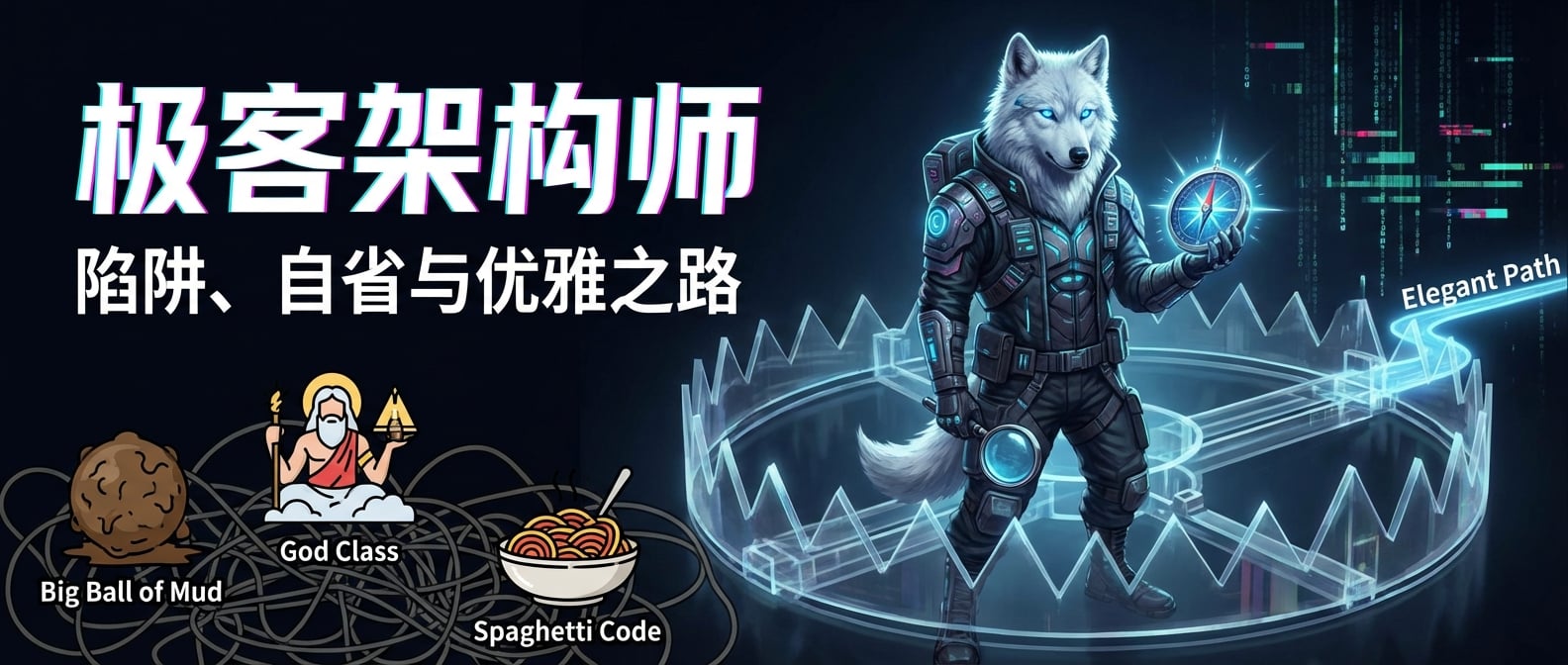 文生图:一位沉思的架构师(雪狼形象),站在一个巨大的、透明的“陷阱”上方。陷阱底部是各种“丑陋架构”的图标(大泥球、神仙类、意大利面)。架构师手中拿着一个发光的指南针(代表设计原则),以及一个放大镜(代表自省)。他的面前有一条清晰的“优雅之路”。风格:概念艺术、沉思、指引。