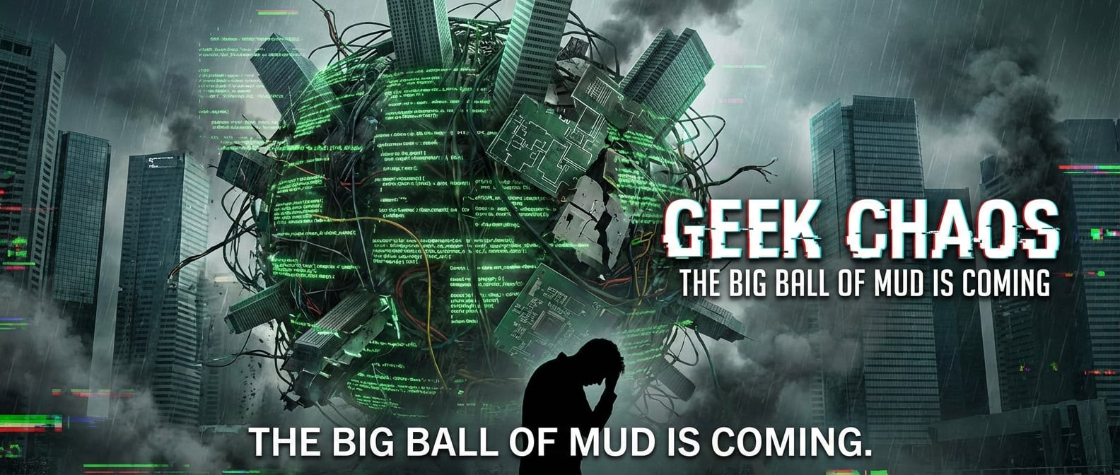 文生图:一个巨大的、混沌的“泥球”,由代码片段、数据流和混乱的连接线缠绕而成。泥球中隐约可见一些破碎的模块和架构图元,但它们已经失去了边界。泥球正在缓慢地吞噬周围的周围的清晰建筑。一位开发者(剪影)站在泥球前,面露绝望和疲惫。风格:概念艺术、混乱、警告。