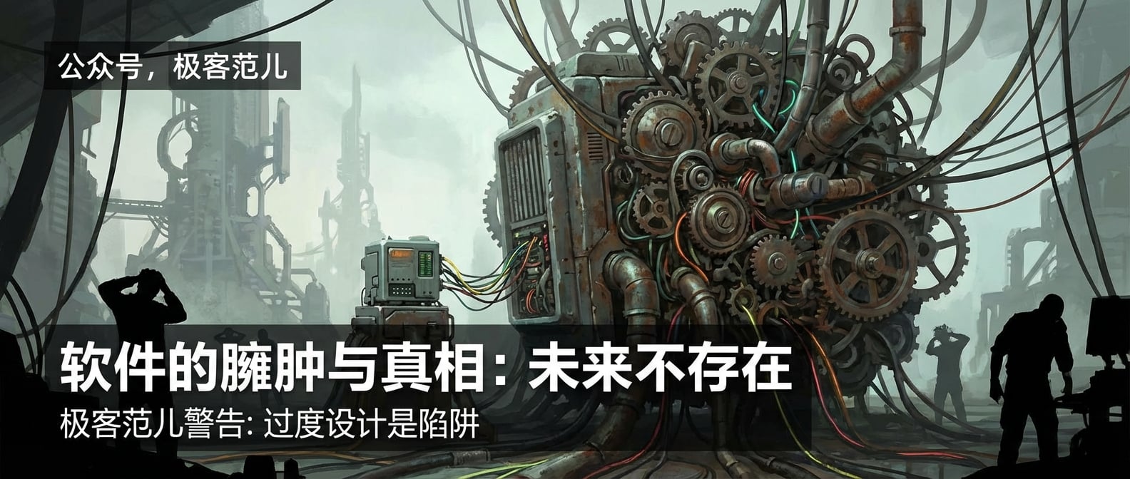 文生图:一个巨大的、笨重的、被无数不必要的齿轮和管道缠绕的“机器”(软件系统)。机器的旁边有一个小小的、功能单一的“核心”,对比明显。机器的维护人员(剪影)显得疲惫不堪。背景是“未来”的幻影,暗示机器是为了应对不存在的未来而设计。风格:概念艺术、夸张、警告。