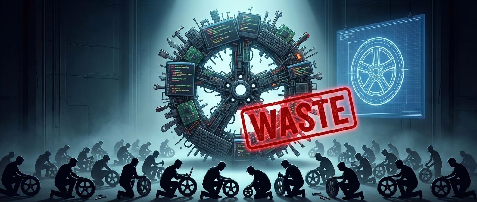 文生图:一个巨大的、被多次重复制造的“轮子”雕塑,雕塑由代码块和工具组成。雕塑下方,许多开发者(剪影)正在埋头苦干,各自用不同的方式“制造”着相似的轮子。中央有一个巨大的“浪费”标记。背景是一个清晰、简洁的“标准轮子”的示意图,无人问津。风格:概念艺术、夸张、警示。