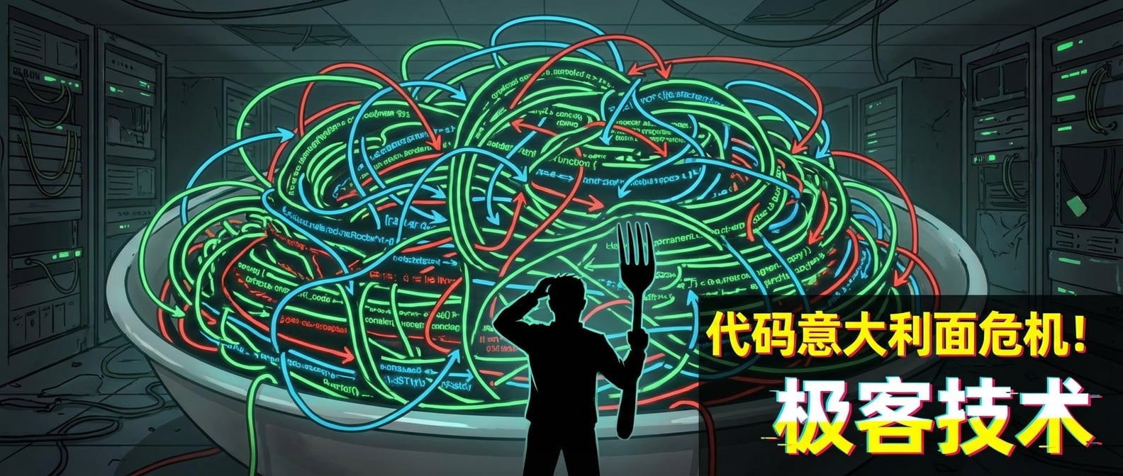 文生图:一盘由代码行构成的、缠绕在一起的“意大利面”。代码行之间有许多箭头交叉穿梭,表示混乱的控制流和依赖关系。旁边有一位程序员(剪影)拿着叉子,试图理清这些面条,但显得非常困惑和无助。整个画面充满了混乱和复杂性。风格:概念艺术、夸张、警告。
