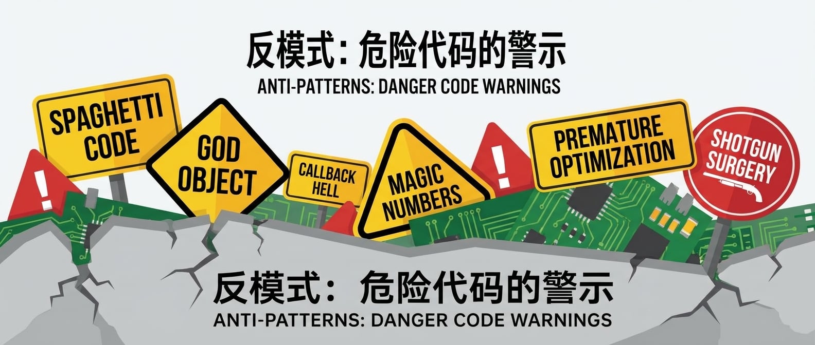 文生图:一个由各种危险警示标志构成的拼贴画,背景是一个充满裂纹的、不稳定的地基。每个标志代表一种反模式。风格:简洁、现代扁平。
