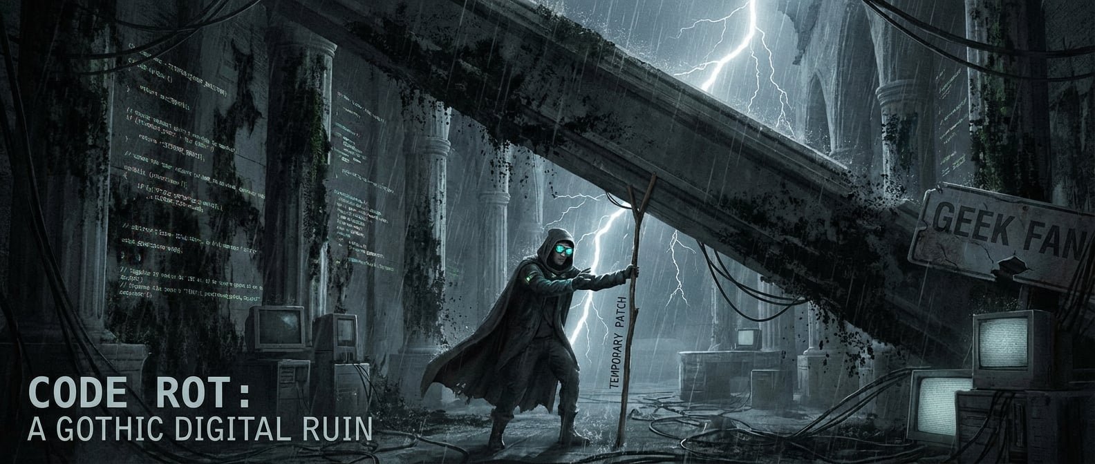 文生图:一个曾经宏伟的数字宫殿(架构),如今墙壁上长满了黑色的霉菌(代码腐烂),支柱正在崩塌。一位程序员正试图用一根细木棍(临时的 Patch)去支撑摇摇欲坠的房梁。风格:哥特式、压抑。