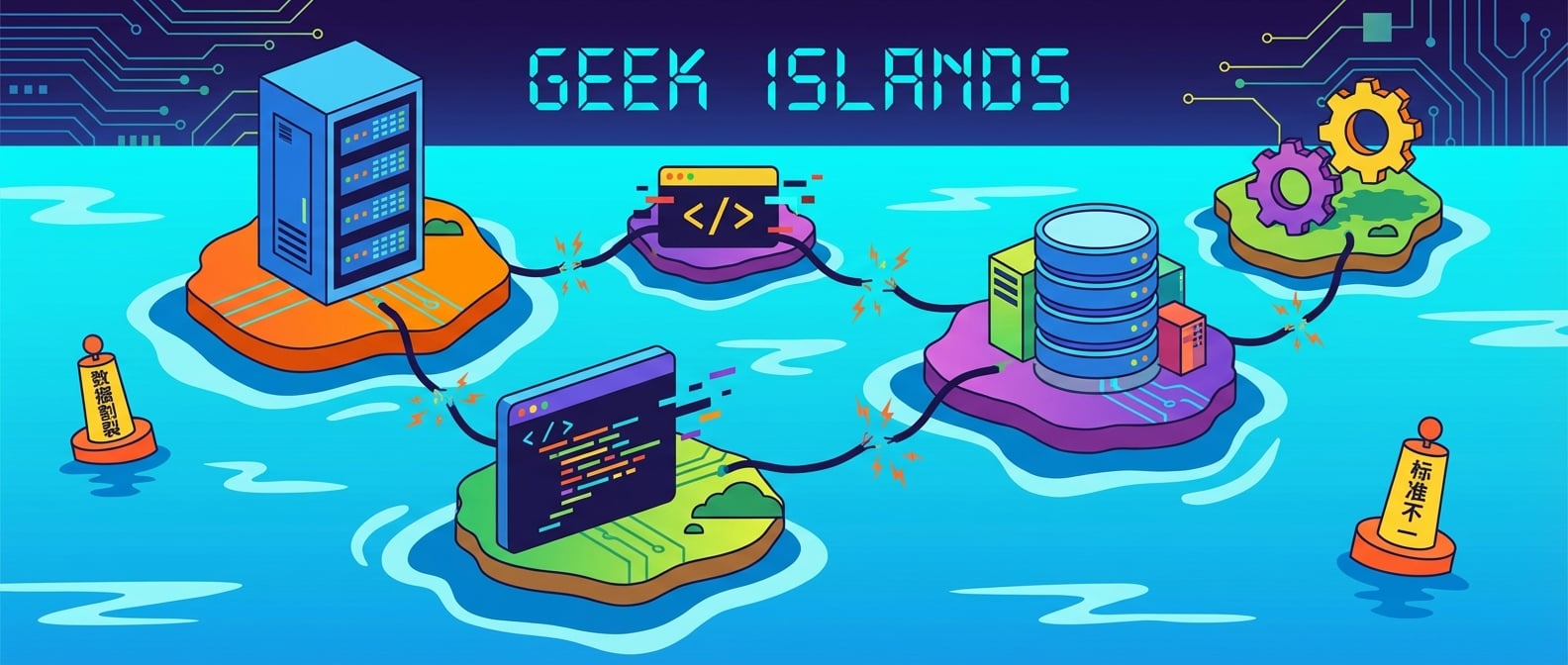 文生图:一个由许多孤立的小岛组成的群岛。每个岛上都有一座独特的建筑(微服务),岛之间没有桥梁,只有一些断裂的电缆。海面上飘着写有“数据割裂”和“标准不一”的浮标。风格:扁平插画,色彩鲜明。