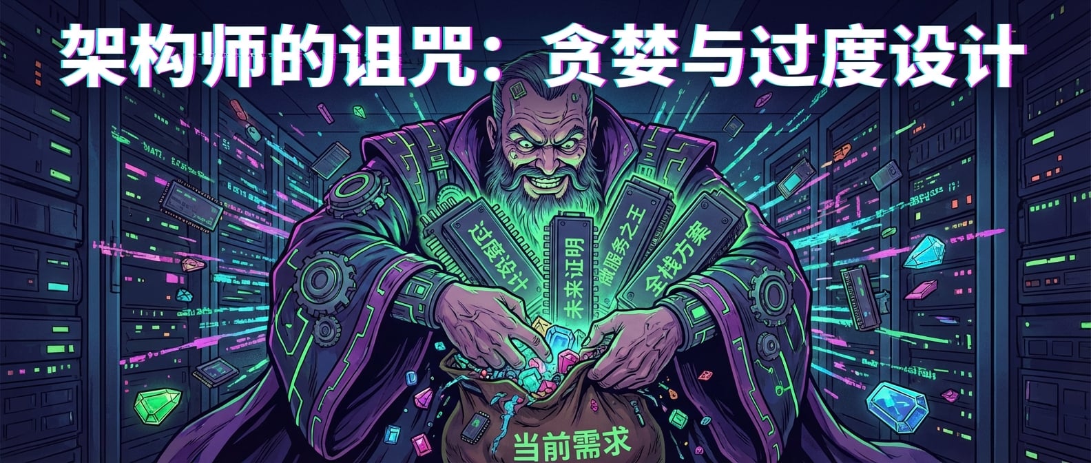 文生图:一个贪婪的巨人(架构师),正疯狂地往一个小口袋(当前需求)里塞各种沉重的金银珠宝(过度设计的架构组件),口袋已经裂开了。