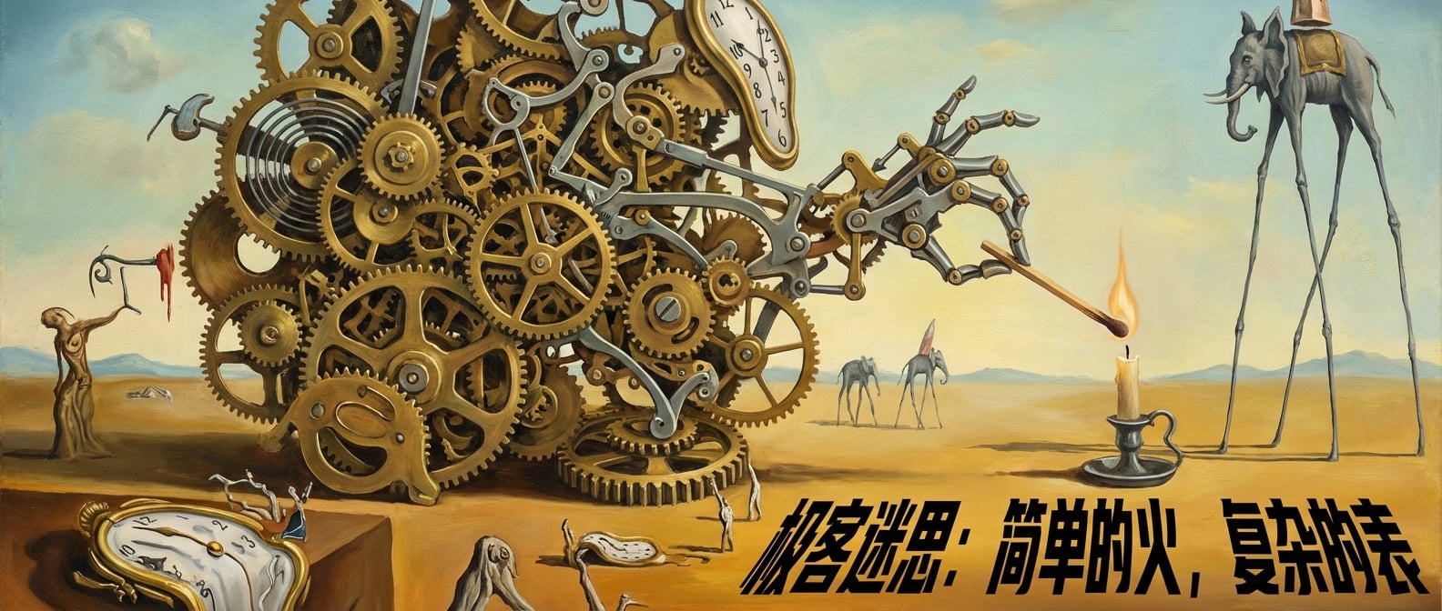 文生图:一幅超现实主义画作。一个精美绝伦的、拥有无数复杂齿轮和精密连杆的机械钟表(架构),其核心却只是为了驱动一根小火柴去点燃一支蜡烛(简单业务需求)。风格:达利式,富有讽刺意味。
