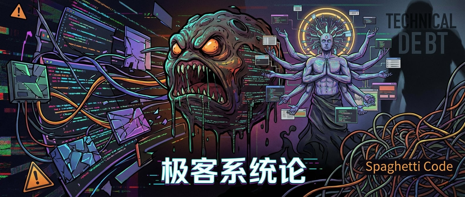 文生图:一个抽象的软件系统,由扭曲的代码线条和破碎的模块组成,呈现出混乱、无序的景象。图中有一些明显的反模式符号:一个巨大的泥球、一个拥有无数手臂的“上帝类”、一堆缠绕的意大利面条代码。整个画面充满了技术债务的阴影。风格:概念艺术、抽象、警告。
