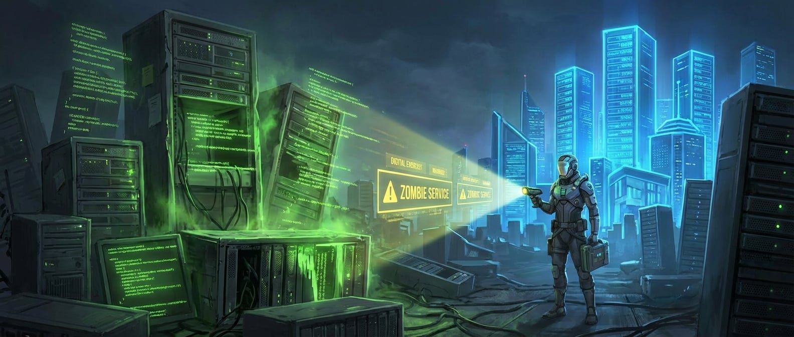 文生图:一个由废弃服务器和无用代码组成的数字墓地。墓地中,一些服务器和代码块发出微弱的、绿色的幽光,象征着“僵尸服务”还在运行。墓地中央有一位“驱魔师”(架构师),手持一个扫描仪,正在扫描并识别这些僵尸服务。远处是健康的、闪着活力光芒的建筑。风格:概念艺术、警告、科幻。