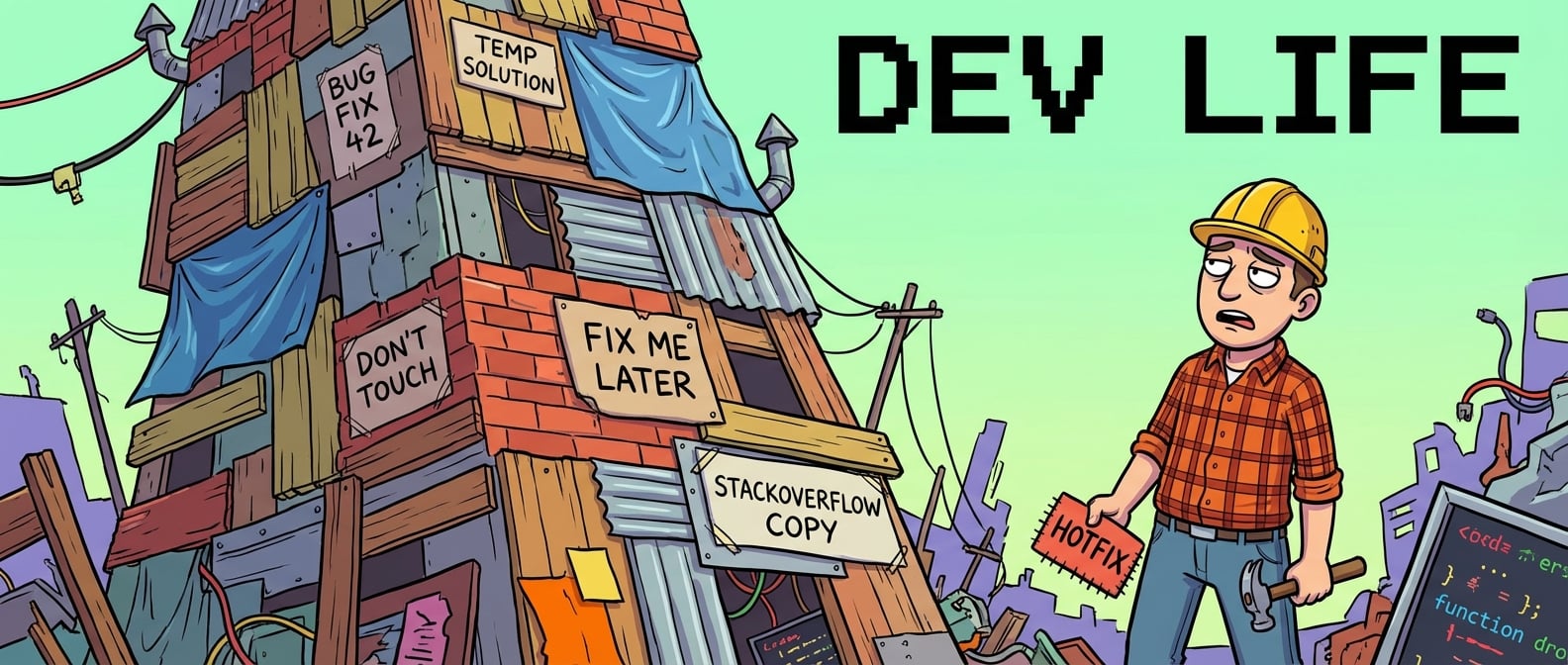 文生图:卡通风格插画,一座由各种不匹配的材料(如木板、砖头、塑料布)打着补丁、摇摇欲坠的建筑,每一块补丁上都写着“Bug Fix”、“Temp Solution”等字样,整体显得非常不协调和脆弱。旁边是一个手持锤子和新补丁,表情无奈的工人。色彩以混杂、不和谐为主。