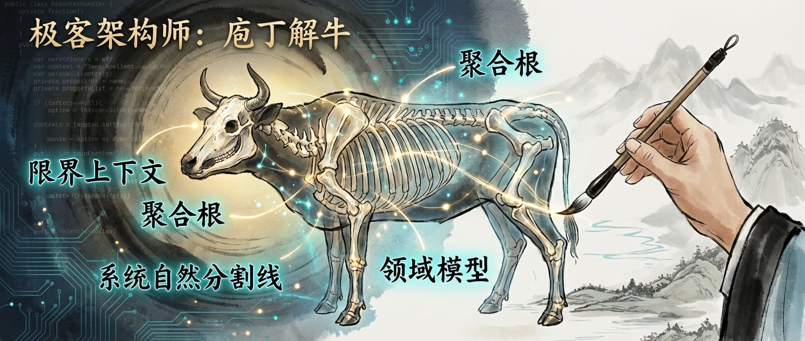 文生图:水墨国风插画,一张古老的、半透明的牛骨骼图,其上标注着“限界上下文”、“聚合根”等现代技术术语,并有光点和线条清晰地指示出系统的自然分割线。一只手(象征庖丁/架构师)正拿着一支毛笔,在图上勾勒。背景是抽象的代码纹理和淡墨山水,色彩融合传统与现代。