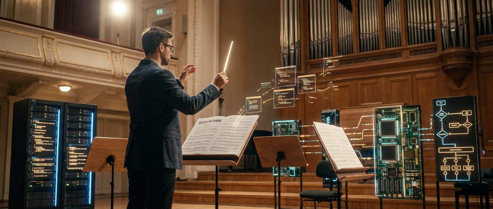 文生图:古典音乐厅的场景,一个抽象的、由代码符号组成的交响乐团正在演奏。指挥家(架构师形象)手持指挥棒,面前是乐谱(设计模式),乐谱上的音符(代码块)流淌出和谐的旋律,每一个乐器(模块)都精准地演奏着自己的部分。背景是柔和的舞台灯光,营造出一种高雅的艺术氛围。