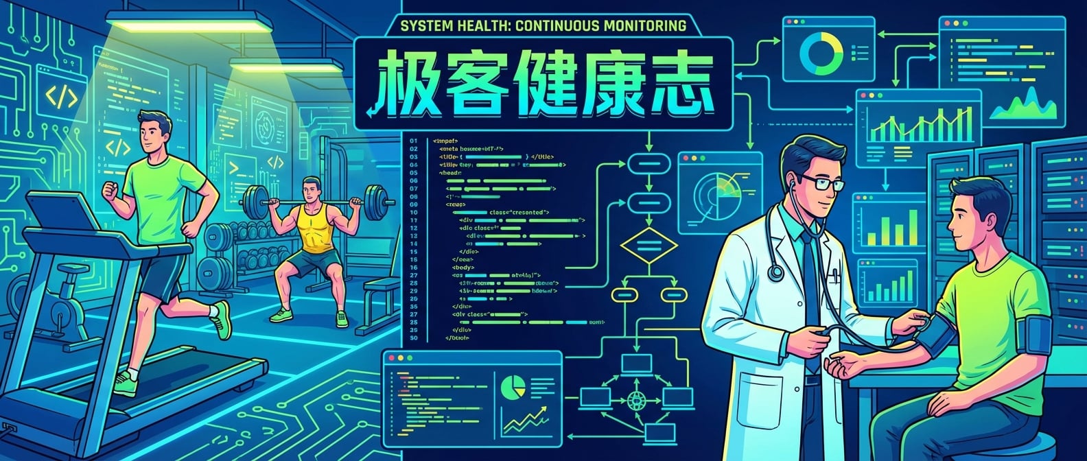文生图:现代生活风格插画,一个健康的人在健身房里积极锻炼(跑步机、举重),旁边有一个医生正在对另一个人进行定期的身体检查(听诊器、血压计)。健身和体检的场景通过代码符号和架构图连接在一起,暗示着对系统健康的持续关注。色彩明亮,充满活力。