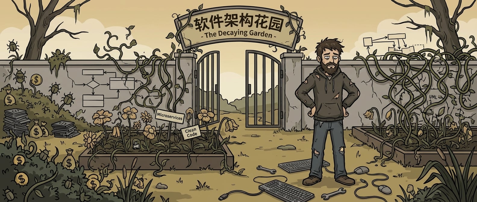 文生图:卡通风格插画,一个曾经美丽、花草繁茂的“软件架构花园”正在变得荒芜。杂草(用Bug和技术债符号表示)丛生,藤蔓(用复杂依赖关系表示)缠绕,花朵凋零。一个疲惫的园丁(程序员形象)站在旁边,工具散落一地,表情无奈。色彩以枯黄、暗淡为主,强调疏于管理带来的衰败。