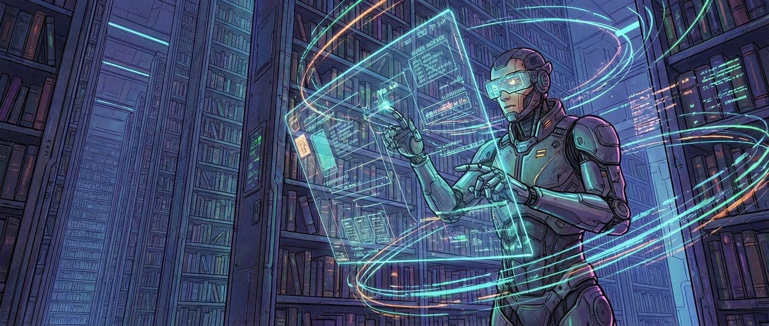 文生图:赛博朋克风格插画,一个巨大的、充满科技感的图书馆,书架无限延伸。一位戴着数据眼镜的“超级索引员”形象(可以是拟人化的机器人或人类),双手在空中快速操作全息屏幕,屏幕上显示着海量的书籍信息和复杂的检索路径,周围数据流光环绕。色彩深沉但充满科技感。