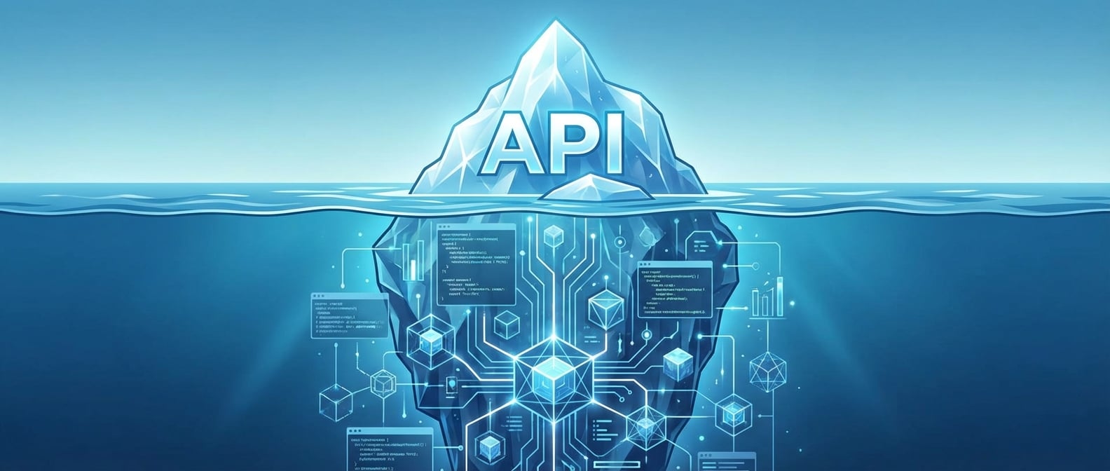文生图:现代简约风格插画,一座巨大的冰山浮在海面上。水面之上,冰山顶端晶莹剔透,线条简洁流畅,上面有几个清晰的“API”字样。水面之下,冰山的主体部分庞大而复杂,有无数细小的结构和相互连接的线条,代表着底层的代码和实现细节。色彩以蓝、白为主,强调表面的简洁与深层的复杂。