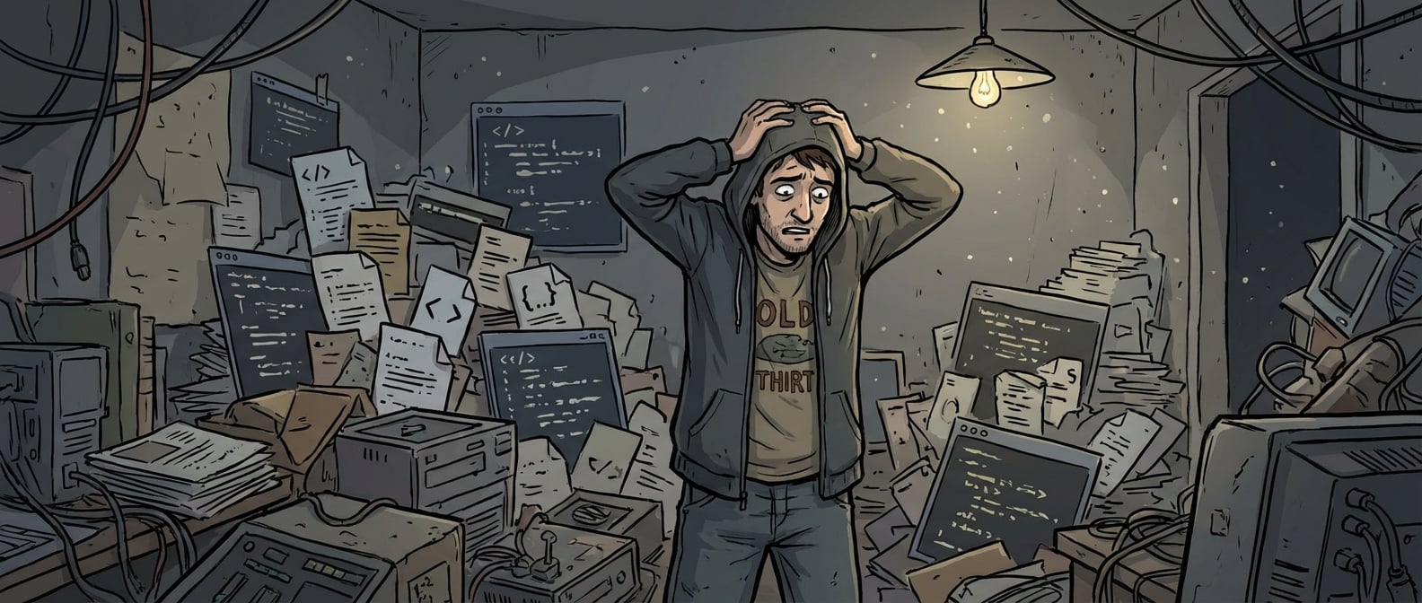 文生图:卡通风格插画,一个堆满了各种杂物、代码片段和文件(用抽象符号表示)的房间,线路缠绕,灰尘遍布,光线昏暗。一个人(程序员形象)站在房间中央,手足无措,表情痛苦。色彩以灰暗、混乱为主,强调复杂性和难以管理。