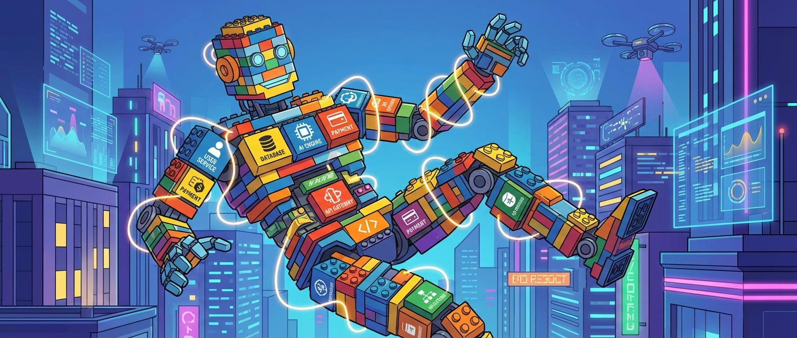 文生图:扁平插画风格,一个由许多不同颜色、不同功能的乐高积木组成的机器人,每个积木代表一个微服务,它们之间通过无形的连接线协同工作,构成一个动态、灵活的整体。背景是现代化的数字城市,色彩鲜艳,充满活力和科技感。