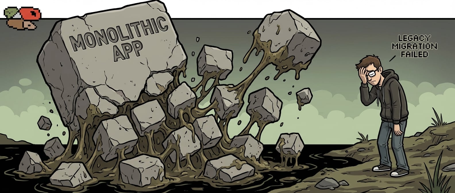 文生图:卡通风格插画,一个巨大的、笨重的“巨石应用”被暴力拆分成许多大小不一、通过粘稠泥浆相互连接的小石块,这些小石块正逐渐沉入一片黑色的“泥沼”中。一个沮丧的程序员形象站在泥沼边,表情无奈。色彩以灰暗、浑浊为主,强调困境与混乱。