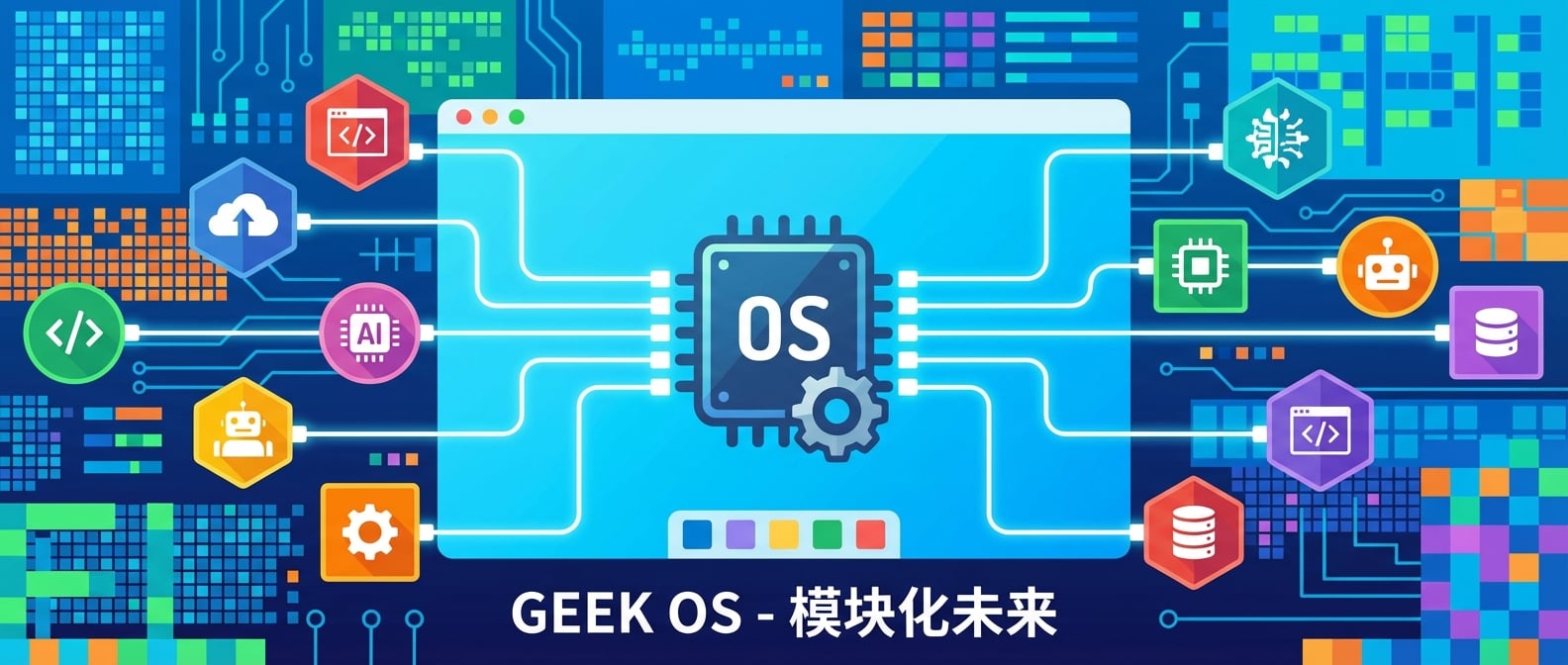 文生图:扁平插画风格,一个简洁的、带有核心图标的操作系统桌面,桌面边缘有许多不同形状和颜色的“插件”图标,它们通过清晰的连接线插入到操作系统中。背景是抽象的数字界面,色彩明亮,强调模块化和可扩展性。