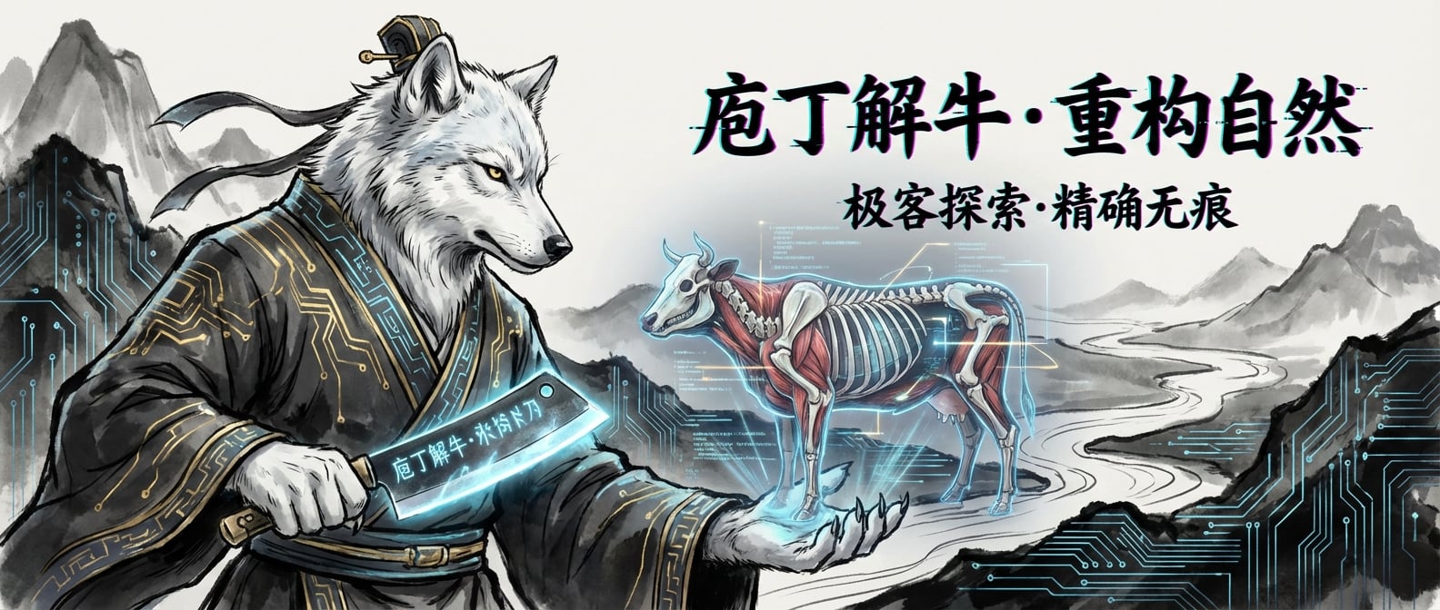 文生图:水墨国风插画,一位身穿古装的庖丁(雪狼的形象),手持一把解牛刀,目光如炬,正在观察一头牛的骨骼和肌肉纹理。他的刀锋在牛的结构间游走,不费吹灰之力。背景是简约的古风山水,寓意重构的顺应自然和精确性。