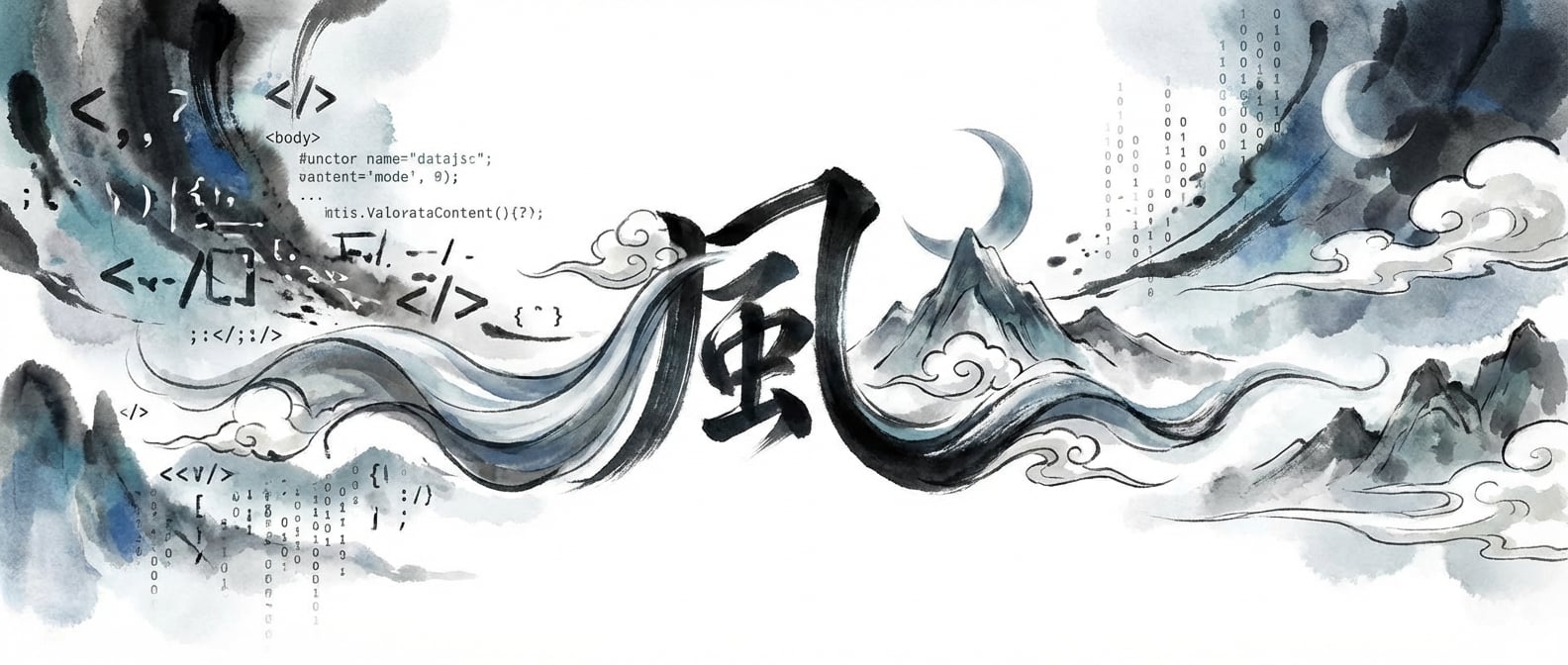 文生图:水墨国风插画,一个简洁的汉字(如“风”、“月”、“山”)通过笔墨的变化,展现出风动、月圆、山高的多重意境。字的周围是抽象的代码符号,以水墨晕染的方式融入背景,寓意代码抽象的深远意义。色彩淡雅,意境悠远。
