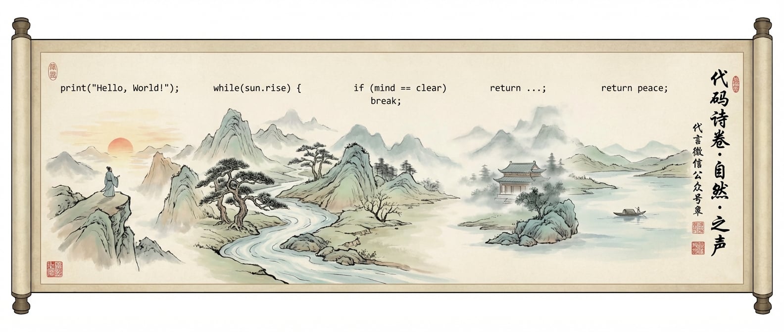 文生图:水墨国风插画,一首由简洁代码片段构成的抽象诗歌,每一行代码都对应着一幅独立的、意境深远的山水画或自然风光。这些“画”共同构成一幅完整而和谐的长卷。整体风格古典,色彩淡雅,寓意代码的精炼与画面感。