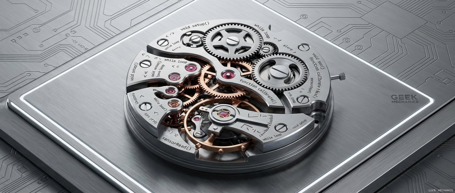 文生图:工业设计风格插画,一块打开的精密瑞士机械腕表,内部齿轮、游丝、红宝石等零件清晰可见,每一个零件都精细打磨,相互协作,精确运转。每个零件上都刻有抽象的代码符号或函数名。背景是简约的科技感桌面。色彩以金属灰、银色为主,点缀机械的精密光泽。