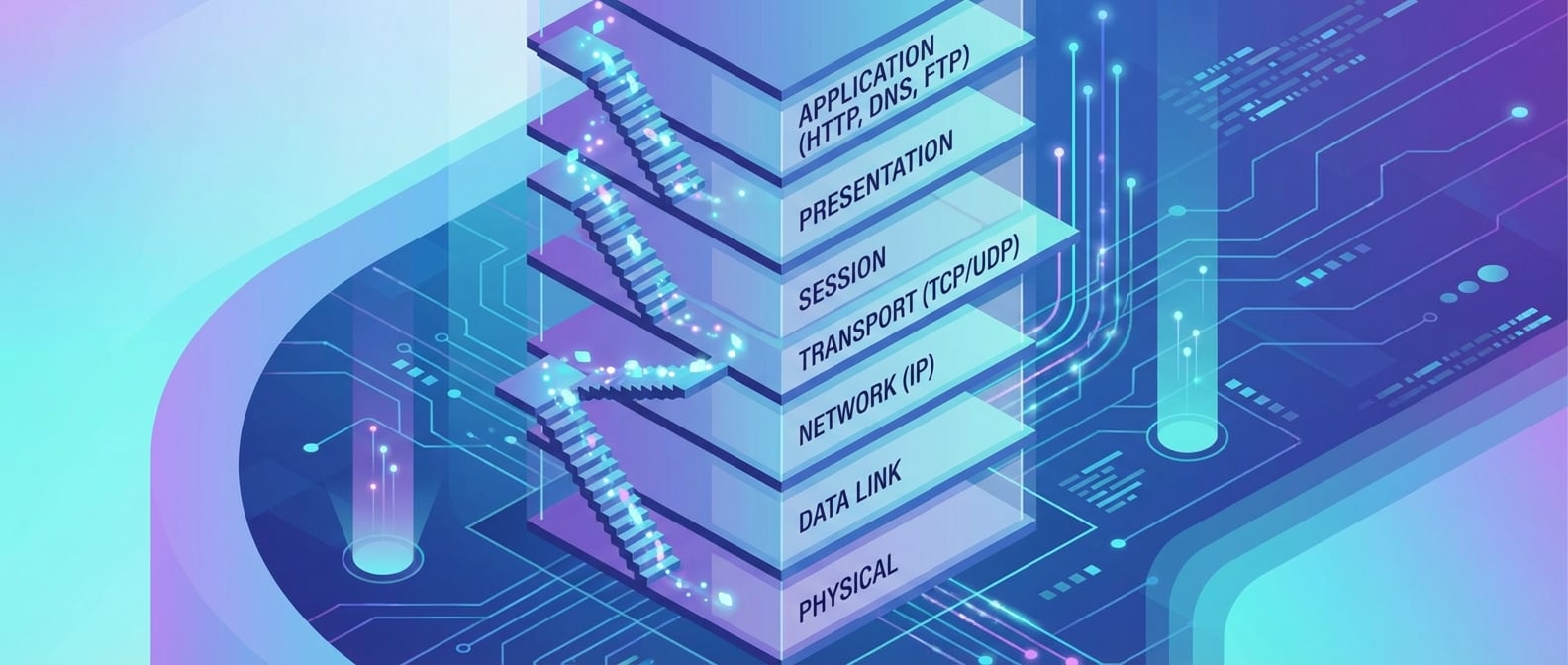 文生图:现代简约风格插画,一栋结构清晰的多层建筑,每一层楼都标示着不同的网络协议名称(如TCP、IP、HTTP等)。楼层之间有透明的楼梯连接,象征数据传输。背景是抽象的数字网络,色彩协调,强调层次感和互联性。
