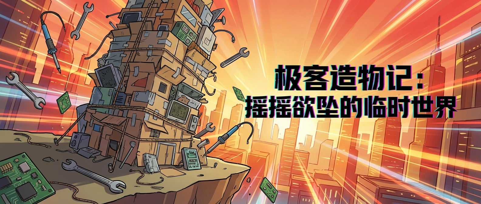 文生图:卡通风格插画,一座由各种临时材料(如纸板、胶带、绳索)匆忙搭建起来的建筑,虽然勉强站立,但摇摇欲坠,结构非常不稳定,周围是各种改造工具,却无从下手。背景是快速变化的城市。色彩以暖色调为主,但氛围紧张。