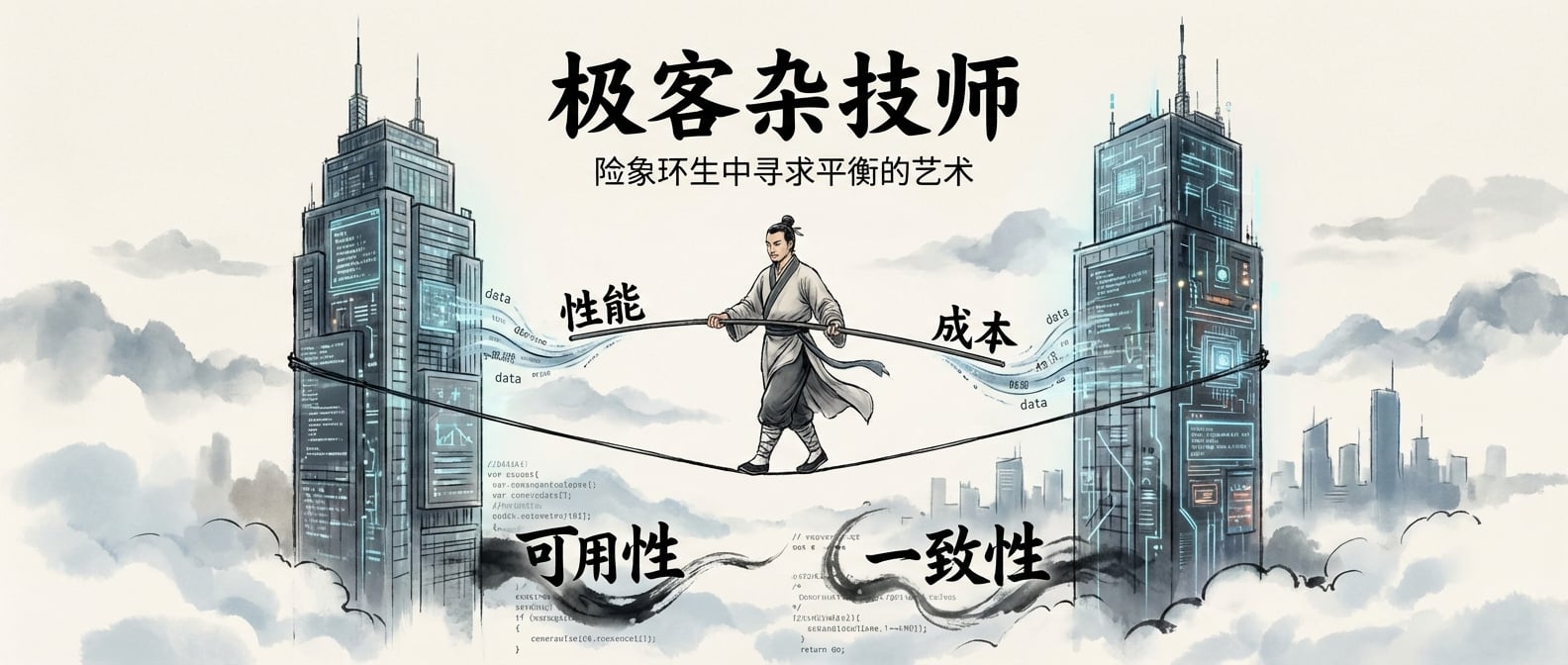 文生图:水墨画风格,一个身穿传统杂技服装、神情专注的杂技演员,在两座高耸的现代建筑(象征复杂系统)之间的高空钢丝上行走。他手中平衡杆的两端分别是“性能”和“成本”,脚下是抽象的“可用性”和“一致性”等文字。远处是朦胧的云海和科技感的城市剪影。整体色调淡雅,寓意在险象环生中寻求平衡的艺术。