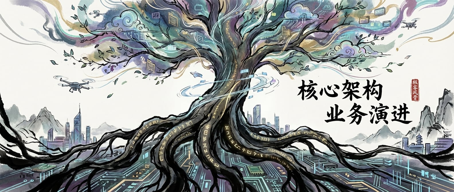 文生图:水墨国风插画,一棵参天大树,其盘根错节的根系深深扎入大地,用稳重、粗犷的线条描绘,象征着架构中不变的核心。而树冠部分,枝繁叶茂,以轻盈、动态的线条和色彩描绘,象征着不断变化的业务需求和扩展。整体构图展现出动静结合、平衡和谐的美感。