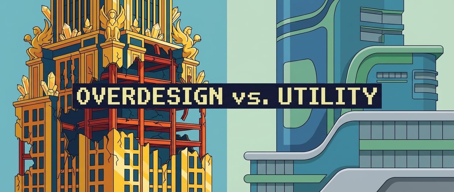 文生图:扁平插画风格,一栋华丽但结构摇摇欲坠的摩天大楼,外面装饰着金碧辉煌的雕塑和水晶,但内部钢筋裸露,墙壁开裂。旁边是一栋朴素但结构坚固、线条流畅的现代建筑,功能实用。色彩对比鲜明,寓意过度设计与实用主义的对比。